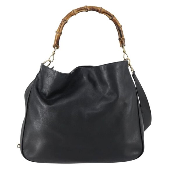 GUCCI Bamboo Shoulder Bag Leather 2way Black Gold - Picture 2 of 16